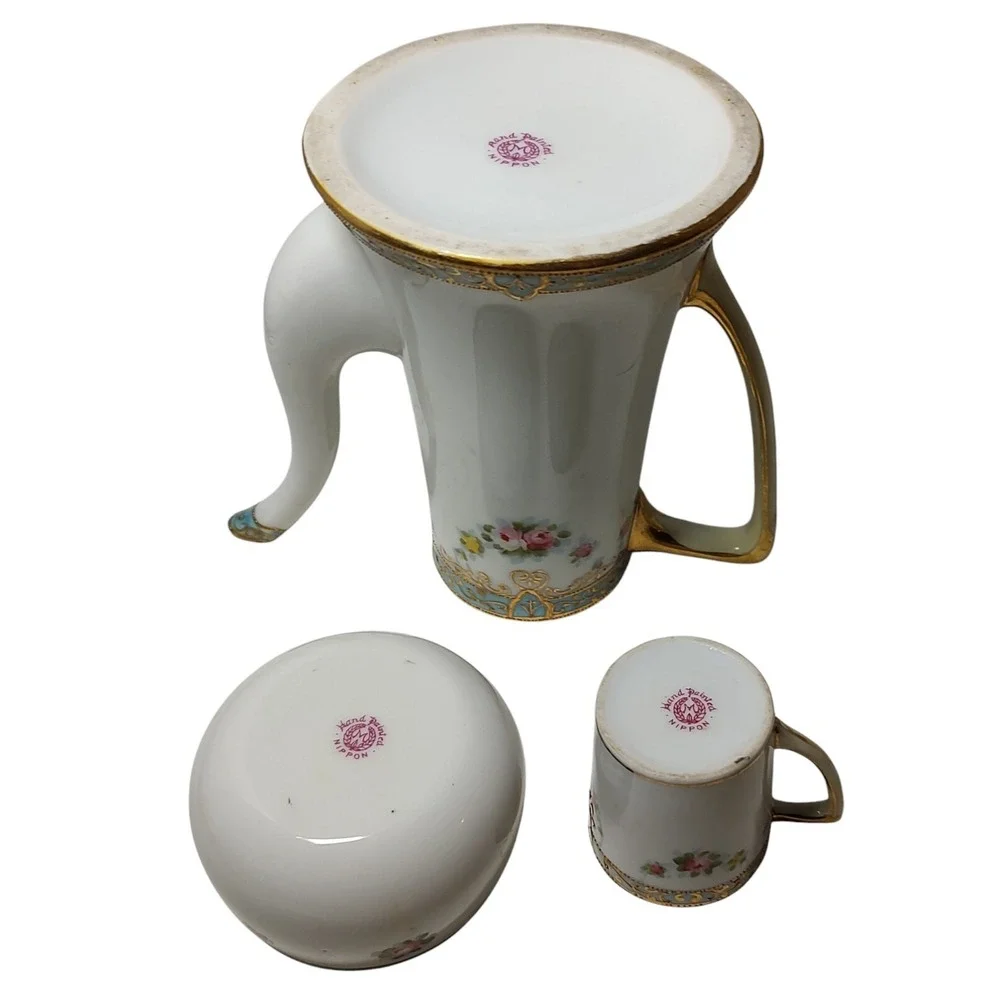 Antique Nippon Chocolate Pot Demitasse Mug Sugar Bowl Gold Moriage‎ Hand Painted